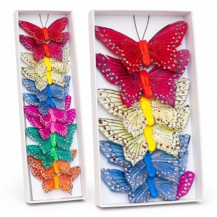Fluturi decorativi din pene colorate cu clips (12 buc)